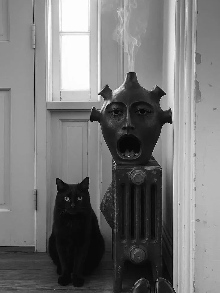 Black cat beside a sculptural radiator