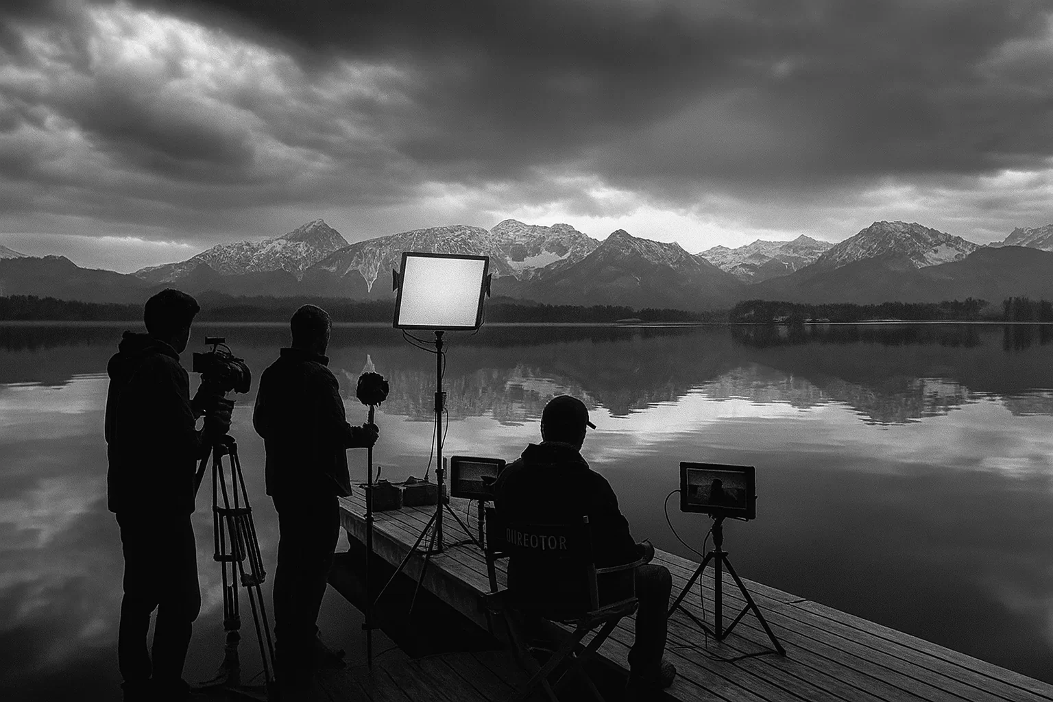 Film crew shooting beside a mountain lake